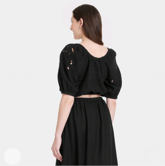 Women's Openwork Puff Elbow Sleeve Blouse - Universal Thread Black S - Picture 2 of 3